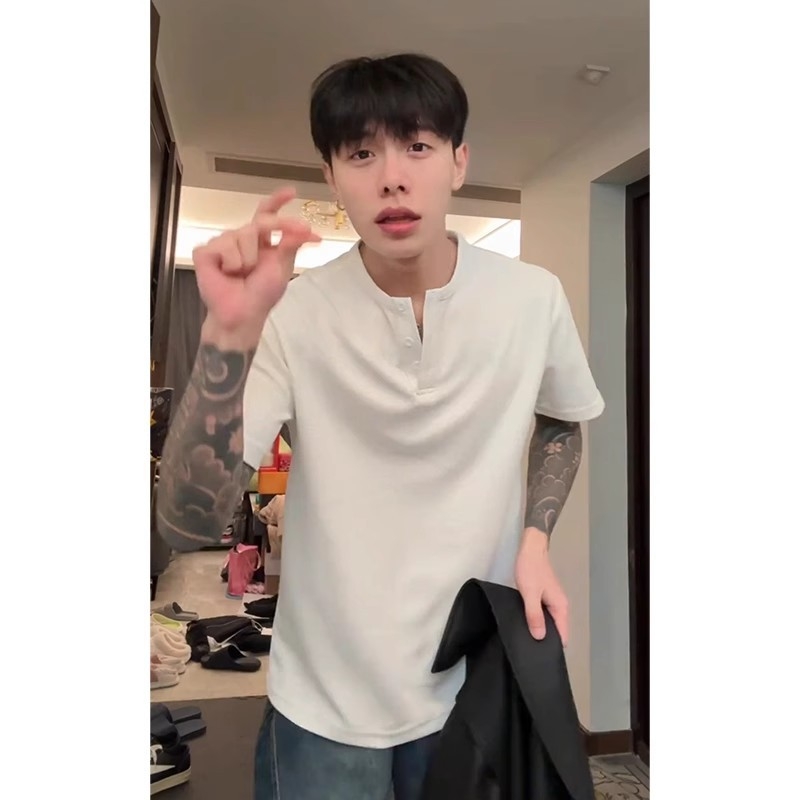 Tricou bărbați cu mâneci scurte, fără guler, guler rotund, respirabil din amestec bumbac-poliester, ușor pentru vară