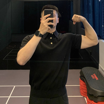 Ανδρικό πόλο με κοντό μανίκι, πλεγτό με γιακά, σχέδιο χρωματικού μπλοκ, ελαφρύ καλοκαίρι, διαπνέον πολυεστερικό μείγμα απομάκρυνσης υγρασίας