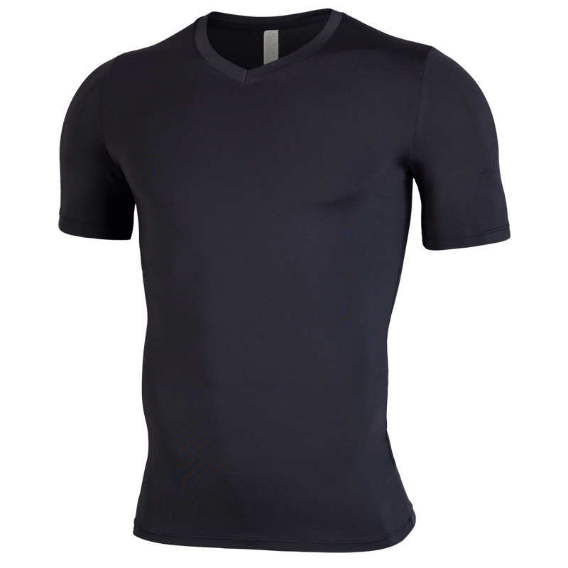 Tricou sport masculin, slim, cu mâneci scurte, decolteu în V, uscare rapidă, 95% poliester + 5% elastan, pentru antrenamentele de vară