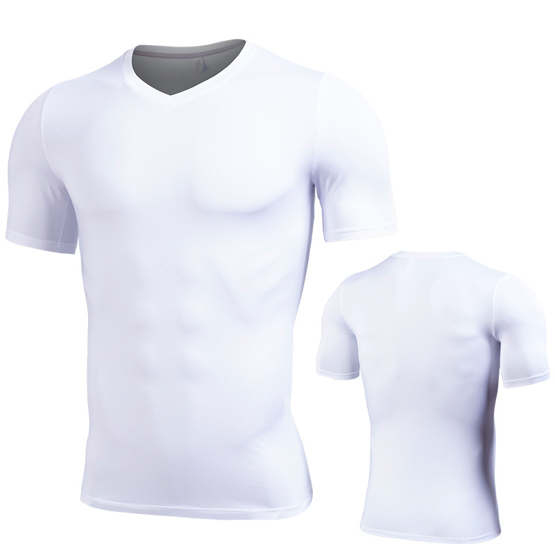 Tricou sport masculin, slim, cu mâneci scurte, decolteu în V, uscare rapidă, 95% poliester + 5% elastan, pentru antrenamentele de vară