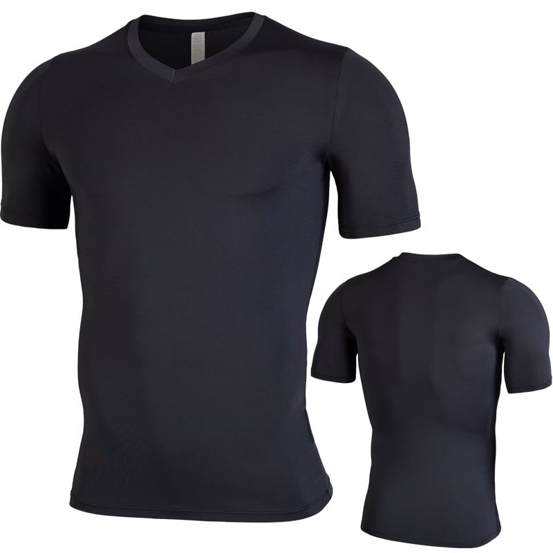 Tricou sport masculin, slim, cu mâneci scurte, decolteu în V, uscare rapidă, 95% poliester + 5% elastan, pentru antrenamentele de vară