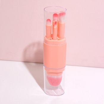Set de pensule de machiaj, de 5 piese, periile din nylon, mânere din plastic, portabil cu capac, lungime totală 14 cm, include pensula de pudră și pensula de fard de pleoape