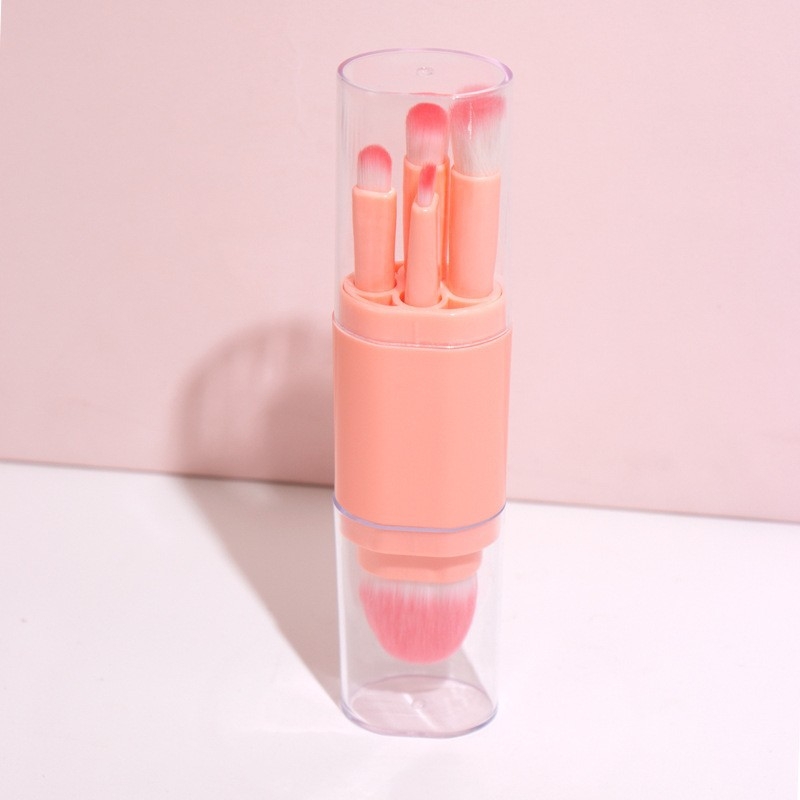 Set de pensule de machiaj, de 5 piese, periile din nylon, mânere din plastic, portabil cu capac, lungime totală 14 cm, include pensula de pudră și pensula de fard de pleoape