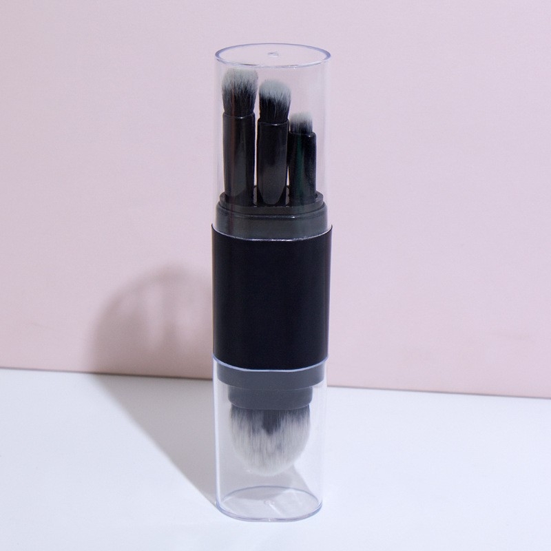 Set de pensule de machiaj, de 5 piese, periile din nylon, mânere din plastic, portabil cu capac, lungime totală 14 cm, include pensula de pudră și pensula de fard de pleoape