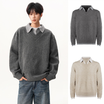 Férfi kötött pulóver kerek nyakkal, színes blokkos mintázat, hosszú ujjú, laza szabás, poliészter-keverék