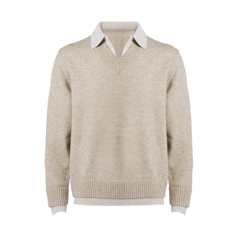 Férfi kötött pulóver kerek nyakkal, színes blokkos mintázat, hosszú ujjú, laza szabás, poliészter-keverék