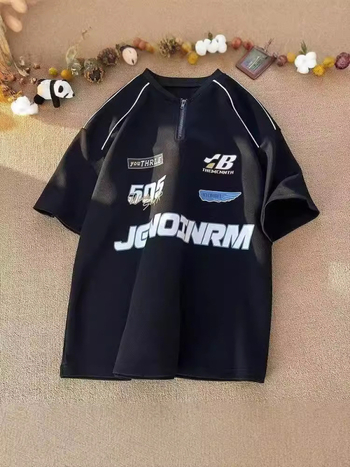 Μπλούζα T‑shirt με εκτύπωση γραμμάτων σε στυλ Χονγκ Κονγκ, χαλαρή γραμμή, στρογγυλός λαιμός, ύφασμα από πολυεστερική ανάμειξη