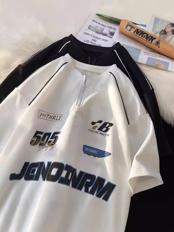 Μπλούζα T‑shirt με εκτύπωση γραμμάτων σε στυλ Χονγκ Κονγκ, χαλαρή γραμμή, στρογγυλός λαιμός, ύφασμα από πολυεστερική ανάμειξη