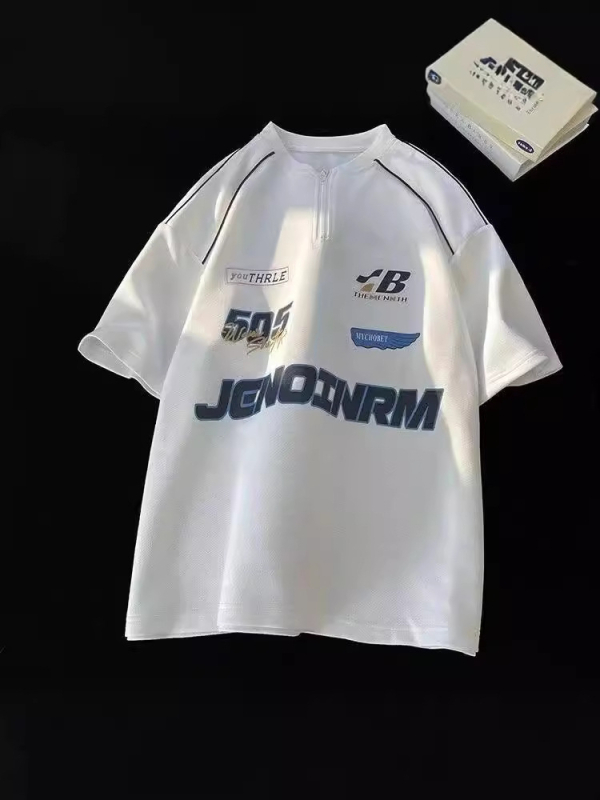 Μπλούζα T‑shirt με εκτύπωση γραμμάτων σε στυλ Χονγκ Κονγκ, χαλαρή γραμμή, στρογγυλός λαιμός, ύφασμα από πολυεστερική ανάμειξη