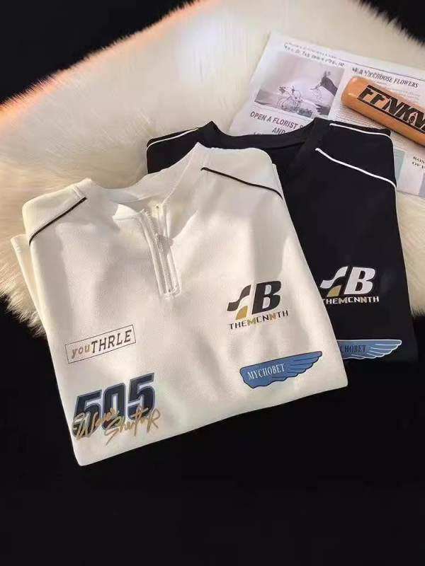 Μπλούζα T‑shirt με εκτύπωση γραμμάτων σε στυλ Χονγκ Κονγκ, χαλαρή γραμμή, στρογγυλός λαιμός, ύφασμα από πολυεστερική ανάμειξη