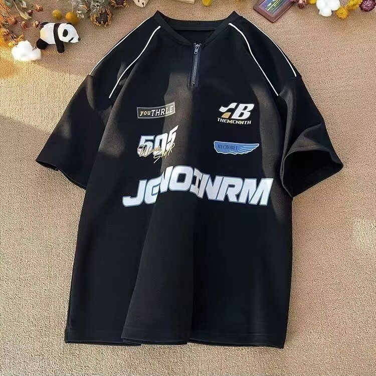 Μπλούζα T‑shirt με εκτύπωση γραμμάτων σε στυλ Χονγκ Κονγκ, χαλαρή γραμμή, στρογγυλός λαιμός, ύφασμα από πολυεστερική ανάμειξη