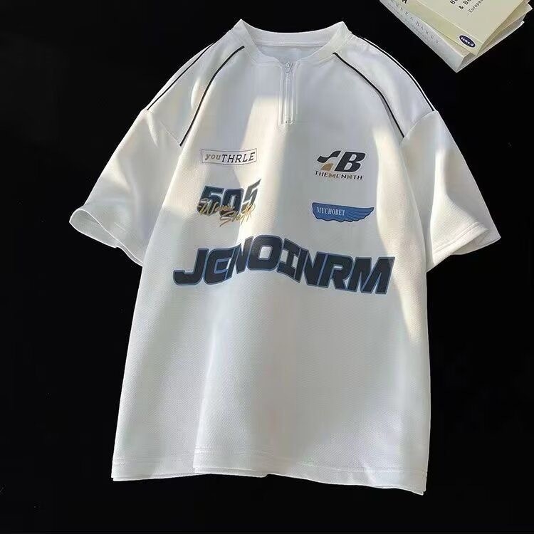 Μπλούζα T‑shirt με εκτύπωση γραμμάτων σε στυλ Χονγκ Κονγκ, χαλαρή γραμμή, στρογγυλός λαιμός, ύφασμα από πολυεστερική ανάμειξη