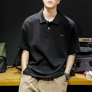 Polo bărbătesc – croială lejeră, mâneci scurte, culoare solidă, stil coreean, material din bumbac perlă cu peste 96% bumbac, lavabil la mașină, vară.