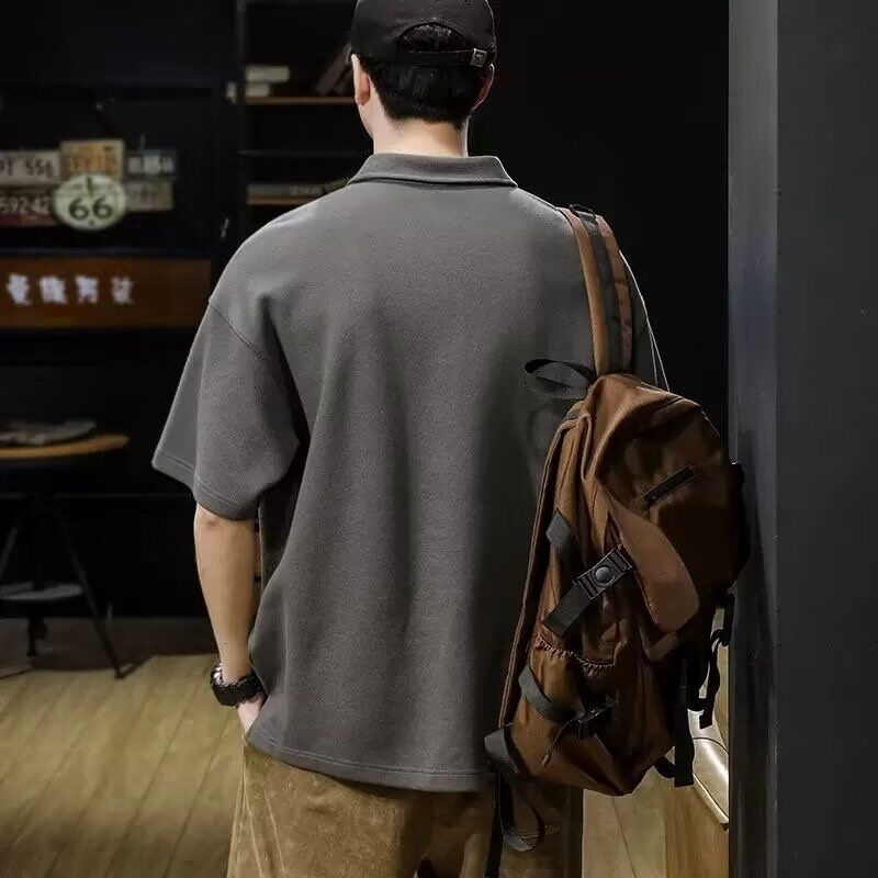 Polo bărbătesc – croială lejeră, mâneci scurte, culoare solidă, stil coreean, material din bumbac perlă cu peste 96% bumbac, lavabil la mașină, vară.