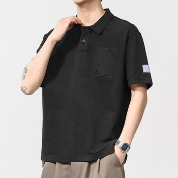 Polo bărbătesc cu mâneci scurte, croială lejeră, culoare solidă, finisaj lavat, amestec bumbac-poliester, vara 2025