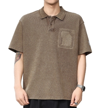 Polo bărbătesc cu mâneci scurte, croială lejeră, culoare solidă, finisaj lavat, amestec bumbac-poliester, vara 2025