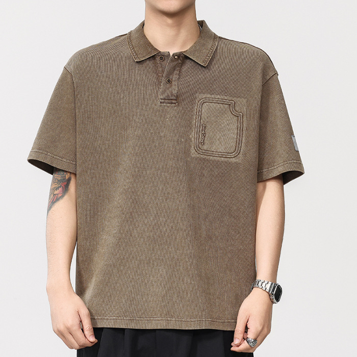 Polo bărbătesc cu mâneci scurte, croială lejeră, culoare solidă, finisaj lavat, amestec bumbac-poliester, vara 2025