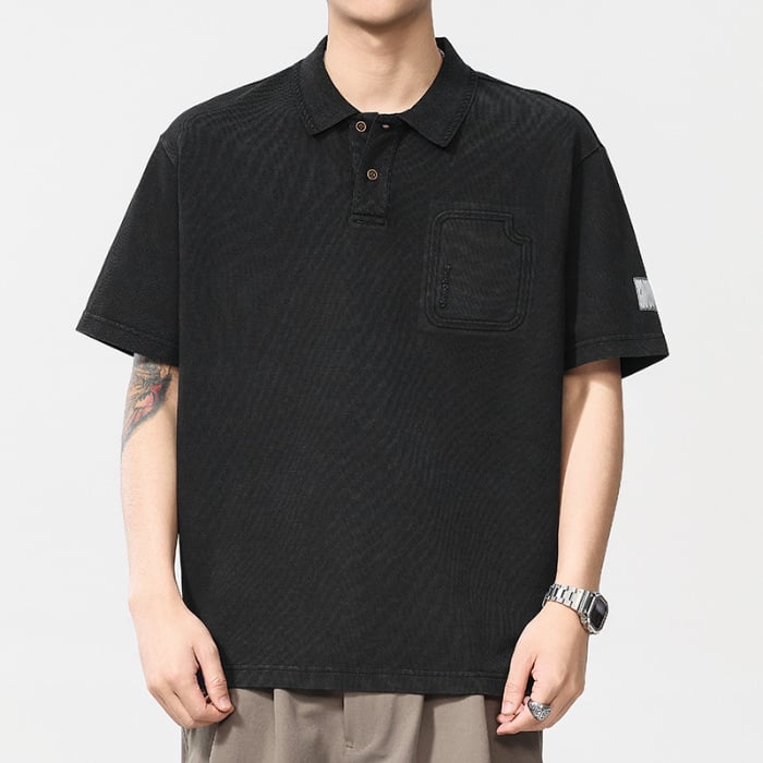 Polo bărbătesc cu mâneci scurte, croială lejeră, culoare solidă, finisaj lavat, amestec bumbac-poliester, vara 2025