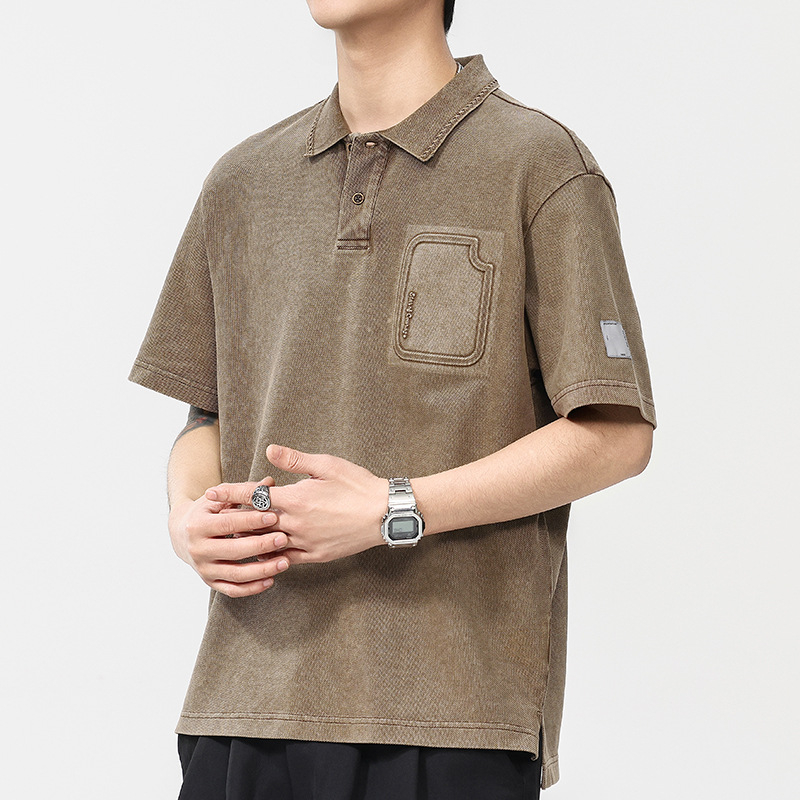 Polo bărbătesc cu mâneci scurte, croială lejeră, culoare solidă, finisaj lavat, amestec bumbac-poliester, vara 2025