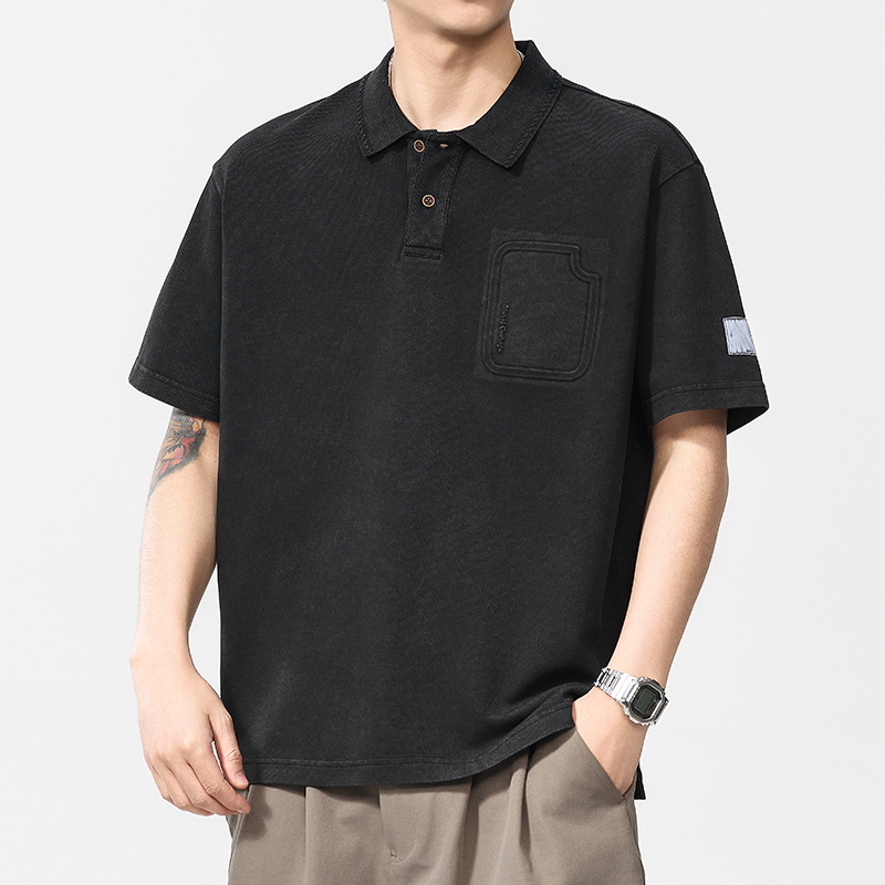 Polo bărbătesc cu mâneci scurte, croială lejeră, culoare solidă, finisaj lavat, amestec bumbac-poliester, vara 2025