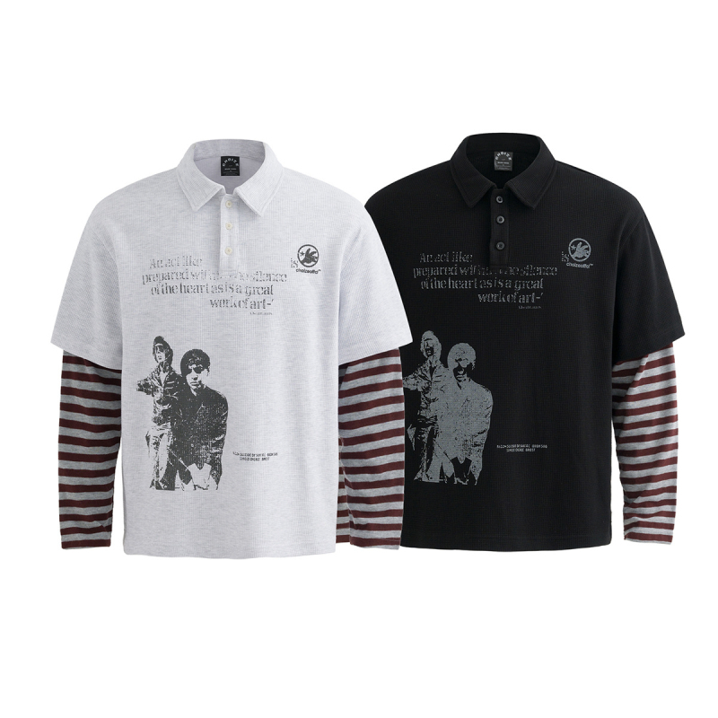 JAKOO Muška polo majica s ovratnikom, američki retro stil, prugasti uzorak, mješavina pamuka, dugi rukav
