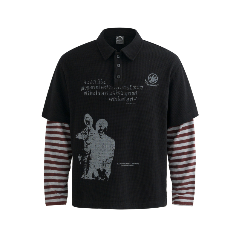 JAKOO Muška polo majica s ovratnikom, američki retro stil, prugasti uzorak, mješavina pamuka, dugi rukav