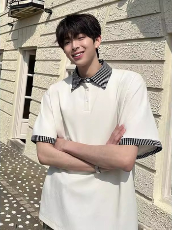 Πόλο πουκάμισο με ραφή κολλάζ, χαλαρή γραμμή, κολάρο πόλο, πολυεστερικό ύφασμα, καλοκαίρι