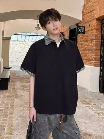 Πόλο πουκάμισο με ραφή κολλάζ, χαλαρή γραμμή, κολάρο πόλο, πολυεστερικό ύφασμα, καλοκαίρι