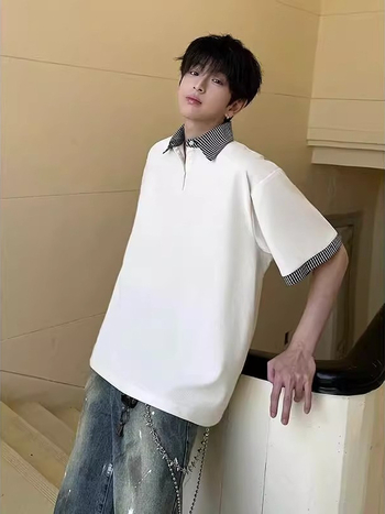 Πόλο πουκάμισο με ραφή κολλάζ, χαλαρή γραμμή, κολάρο πόλο, πολυεστερικό ύφασμα, καλοκαίρι