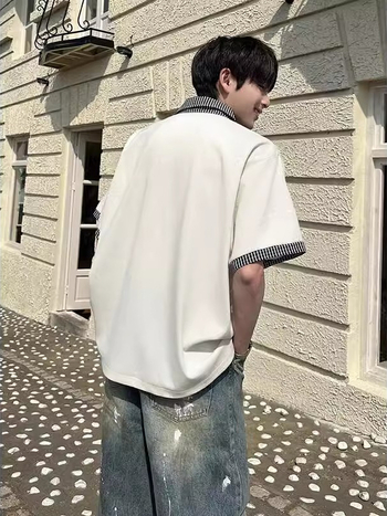 Πόλο πουκάμισο με ραφή κολλάζ, χαλαρή γραμμή, κολάρο πόλο, πολυεστερικό ύφασμα, καλοκαίρι