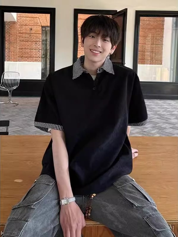 Πόλο πουκάμισο με ραφή κολλάζ, χαλαρή γραμμή, κολάρο πόλο, πολυεστερικό ύφασμα, καλοκαίρι