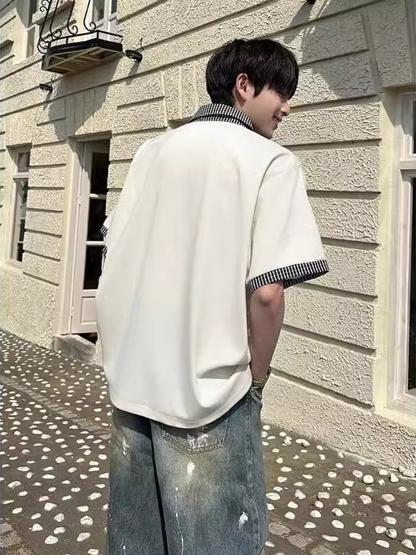 Πόλο πουκάμισο με ραφή κολλάζ, χαλαρή γραμμή, κολάρο πόλο, πολυεστερικό ύφασμα, καλοκαίρι