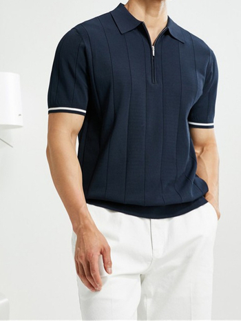 Tricou polo tricotat pentru bărbați, cu guler lapel, mâneci scurte, amestec poliester, stil britanic, vară 2025