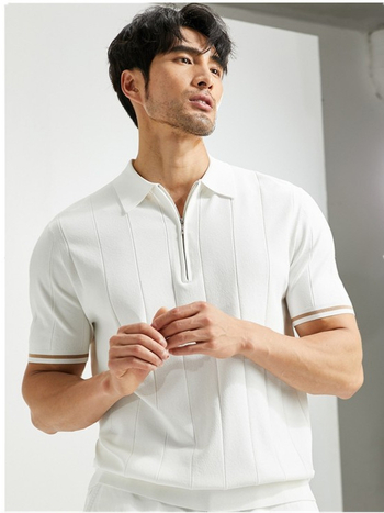 Tricou polo tricotat pentru bărbați, cu guler lapel, mâneci scurte, amestec poliester, stil britanic, vară 2025