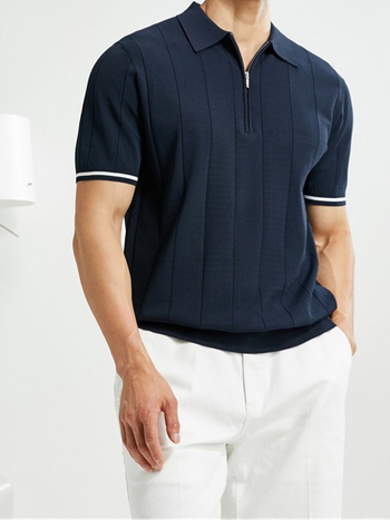 Tricou polo tricotat pentru bărbați, cu guler lapel, mâneci scurte, amestec poliester, stil britanic, vară 2025