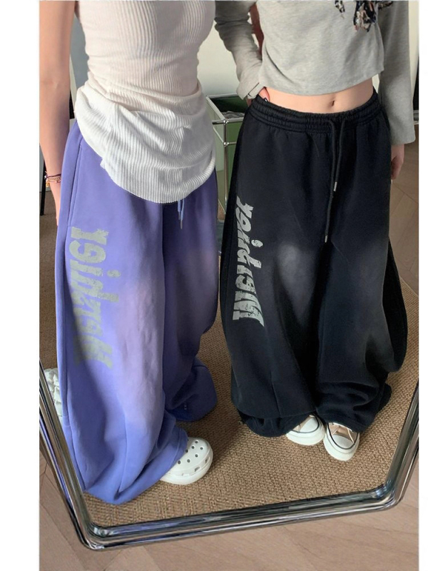 Pamukaste široke hlače s visokim strukom i printom, japansko-korejski stil