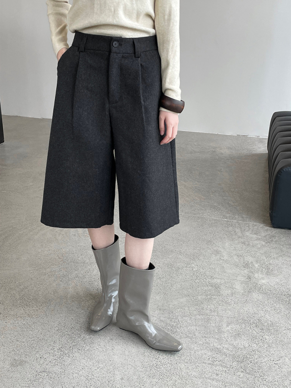 Ženske široke hlače od vunene smjese, visok struk, duljina 5/8, casual minimalistički stil