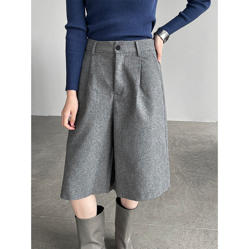 Ženske široke hlače od vunene smjese, visok struk, duljina 5/8, casual minimalistički stil