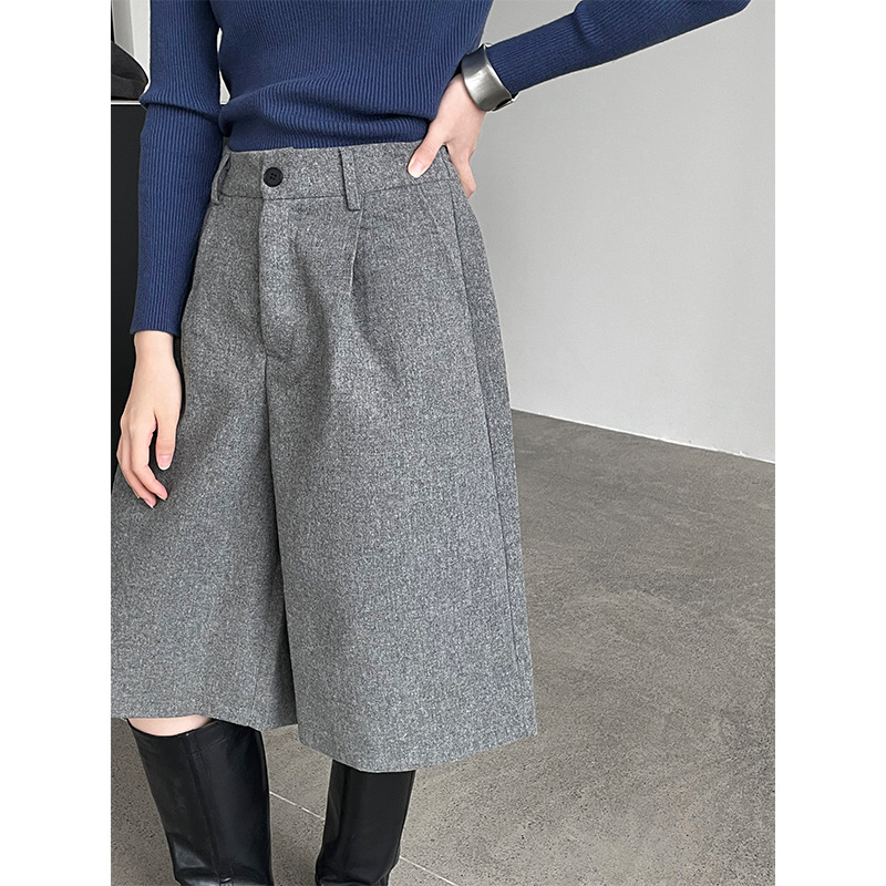 Ženske široke hlače od vunene smjese, visok struk, duljina 5/8, casual minimalistički stil