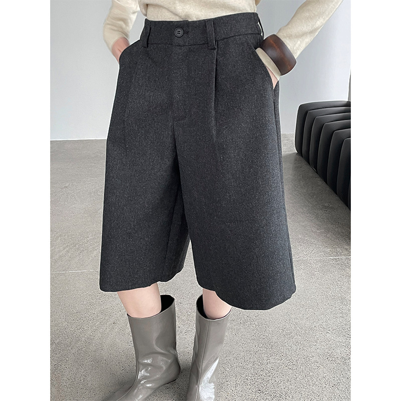 Ženske široke hlače od vunene smjese, visok struk, duljina 5/8, casual minimalistički stil