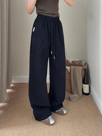 Naiste puuvillased sportpüksid kõrge vöökoht ja elastne vöö, tasku R-tähega, tikand, sirge lõige