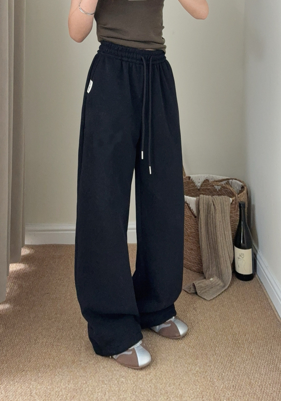 Naiste puuvillased sportpüksid kõrge vöökoht ja elastne vöö, tasku R-tähega, tikand, sirge lõige