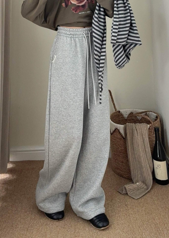 Naiste puuvillased sportpüksid kõrge vöökoht ja elastne vöö, tasku R-tähega, tikand, sirge lõige