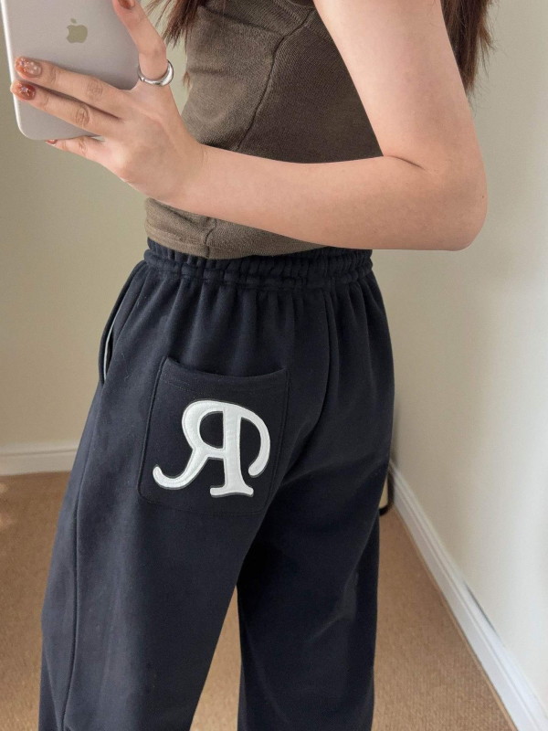 Naiste puuvillased sportpüksid kõrge vöökoht ja elastne vöö, tasku R-tähega, tikand, sirge lõige