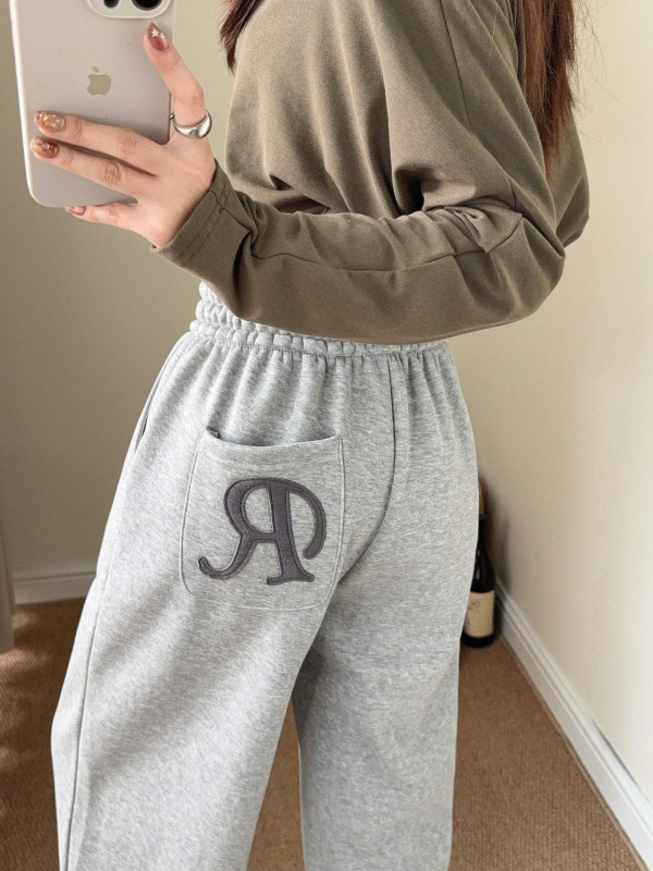 Naiste puuvillased sportpüksid kõrge vöökoht ja elastne vöö, tasku R-tähega, tikand, sirge lõige