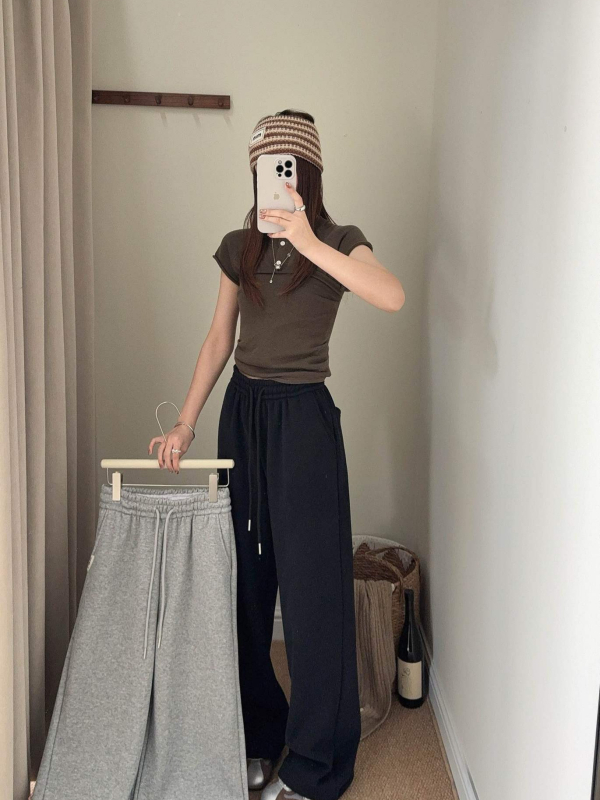 Naiste puuvillased sportpüksid kõrge vöökoht ja elastne vöö, tasku R-tähega, tikand, sirge lõige