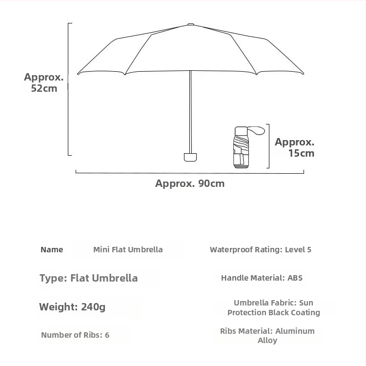 Viisiosaline päikesekaitsevarjus, käsitsi avamine, 6 ribad, UPF > 50, 210T kangas