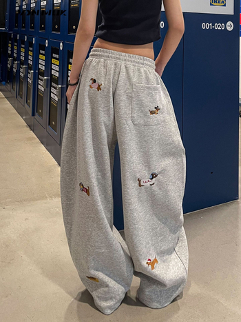 Ženske casual hlače od pamuka s izšivkom, širok kroj, elastični pojas, dugačke, elegantan svakodnevni stil