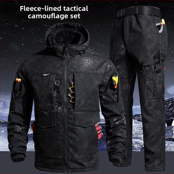 Kamufliažinis fleece darbo komplektas, vėjo atsparus ir šiltas, žieminis švarkas ir kelnės, medvilnės mišinio audinys