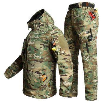 Камуфлажен флийсов комплект за работно облекло, ветроустойчив и топъл, зимен комплект яке и панталони, памук-бленд